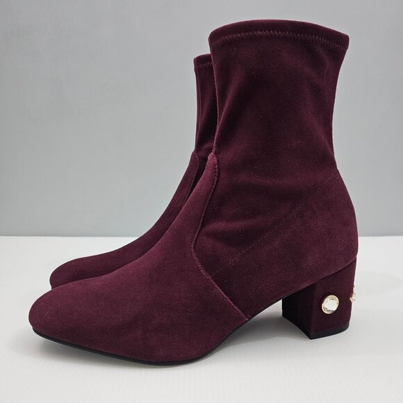 NEW Stuart Weitzman Allshine Ankle Boot Size 8 Wine Red Suede Sock Jewel Heel - Picture 1 of 13